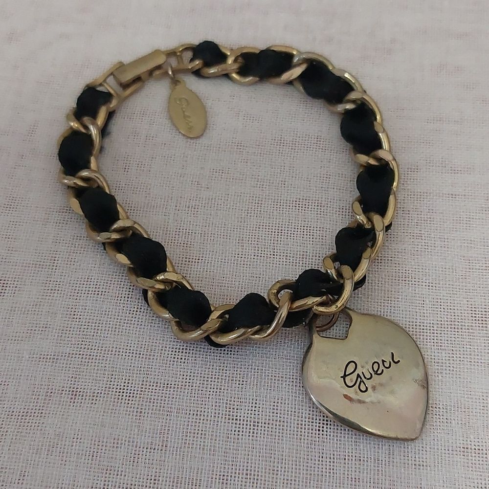 Vintage Gold Tone Chain Black Ribbon Bracelet with Silver Tone Heart Charm